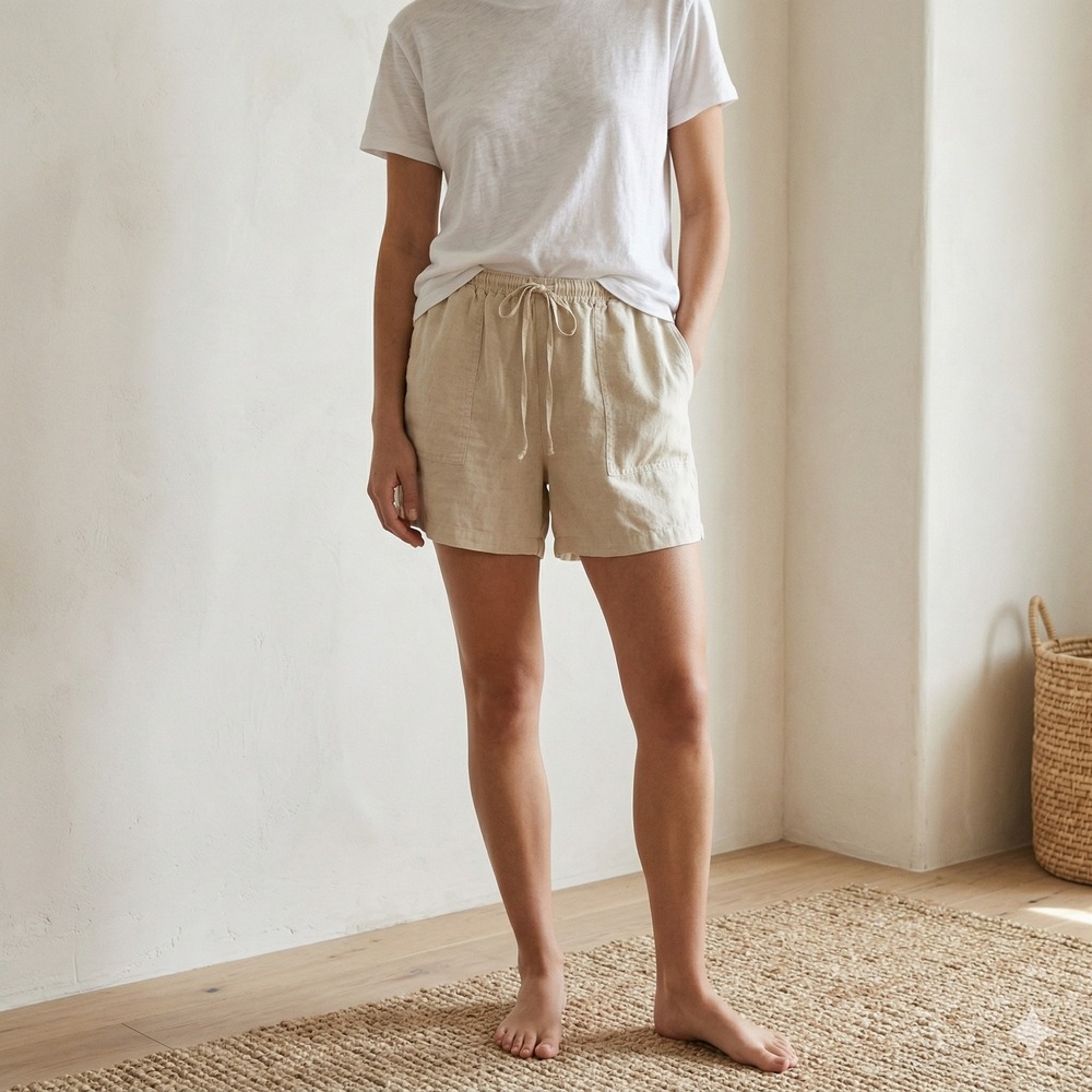 Parachute Shorts Womens Medium Beige 100% Linen Drawstring Coastal Grandmother
